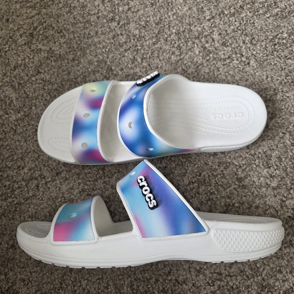 Crocs‎ Solarized Tie Dye Two-Strap Sandals Mens Size 11 -White/Rainbow